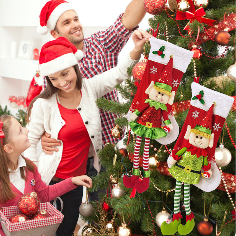 Cute Elf Christmas Stocking Longleg Doll Candy Gift Bag Xmas Tree Hanging Ornaments Fireplace Decorations