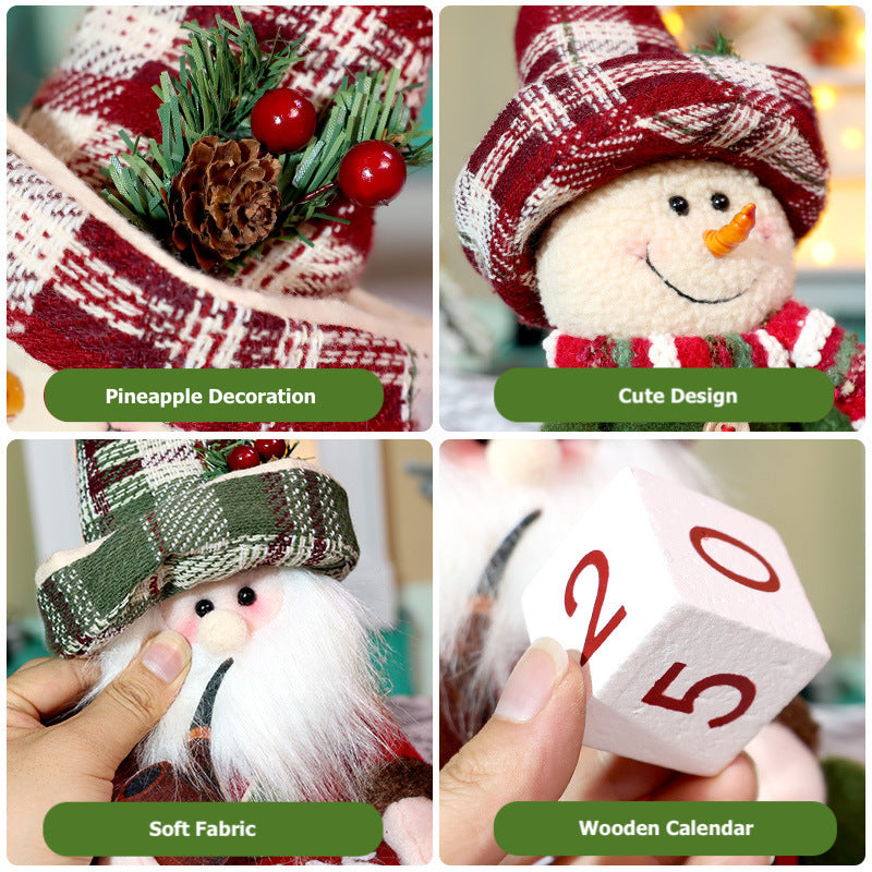 Christmas Countdown Calendar Decorations Retro Plaid Santa Snowman Doll Window Ornaments Xmas Gifts