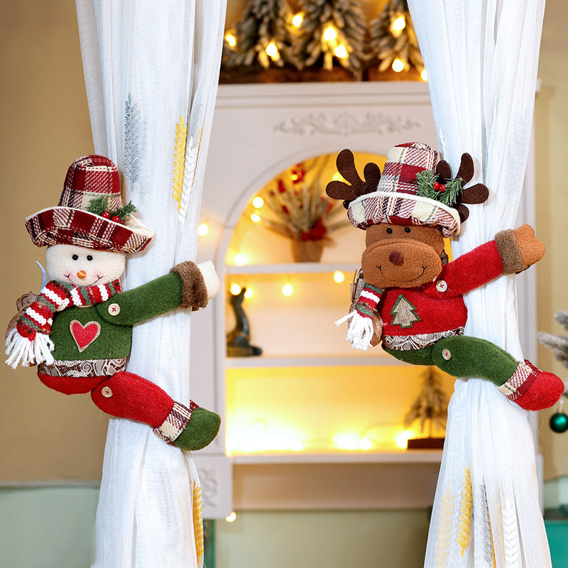 Christmas Retro Plaid Curtain Buckle Decorations Xmas Snowman Doll Curtain Tieback Festival Home Decor