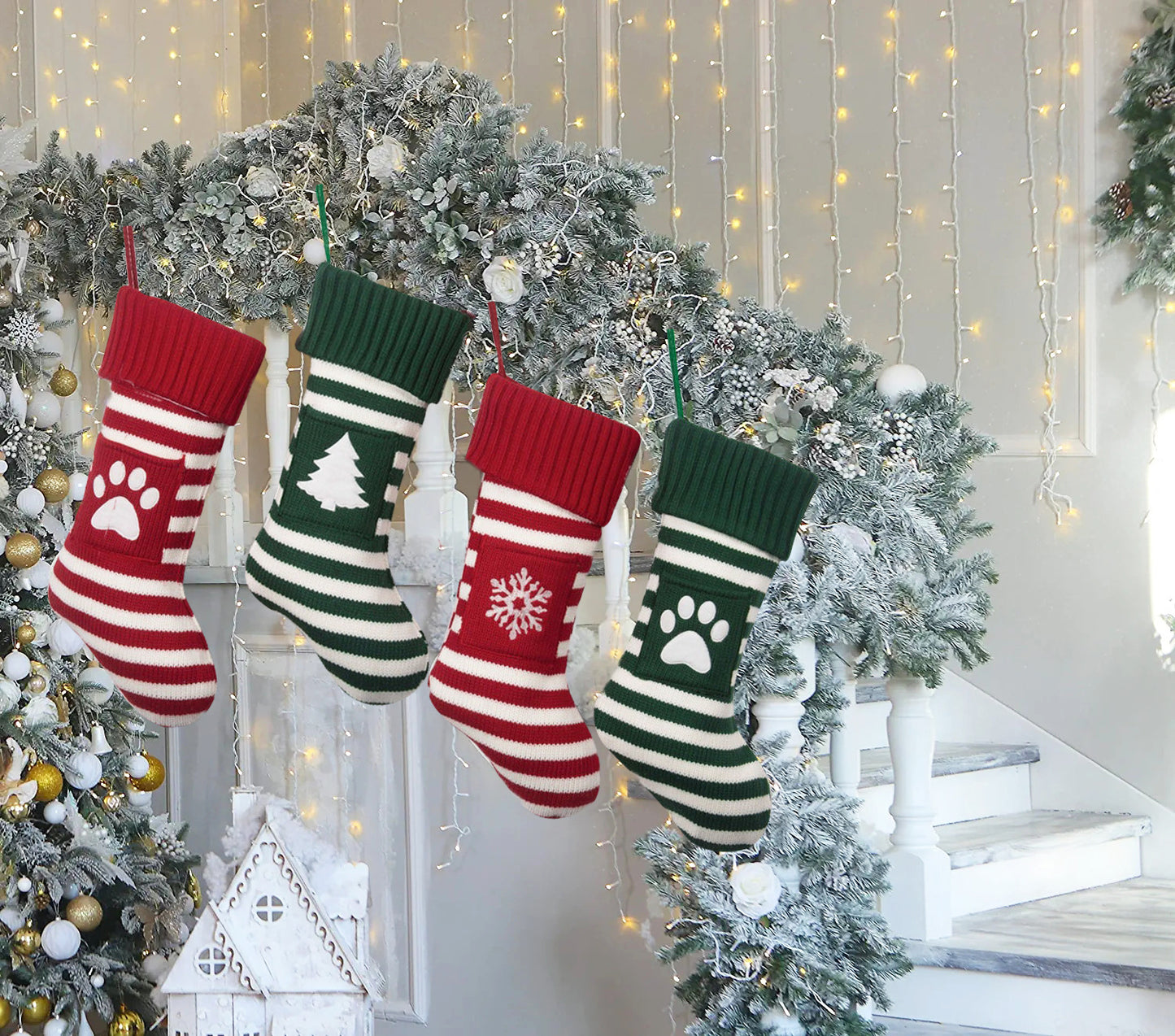 Knitted Stripe Christmas Stockings Decorations Cat and Dog Pet Socks Large Gift Bag Fireplace Xmas Tree Hanging Ornaments