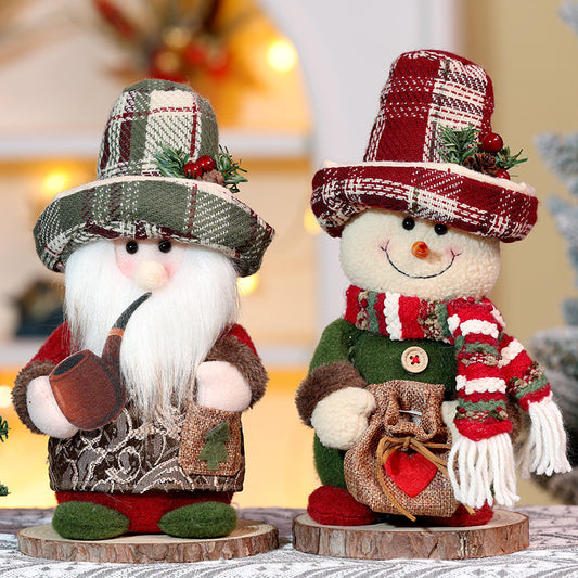 Christmas Decorations Retro Plaid Snowman Ornaments Standing Santa Doll Xmas Home Decor Kids Gift