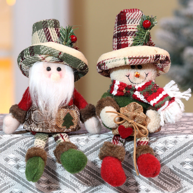 2PCS Christmas Decorations Plaid Snowman Santa Doll Pendant Xmas Tree Hanging Ornaments Holiday Home Decor