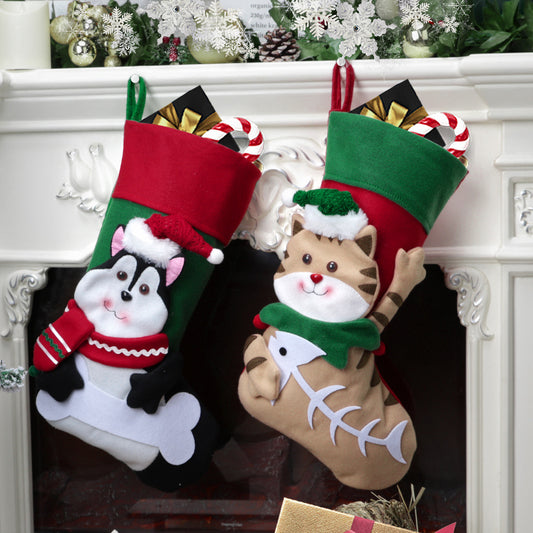 3D Cartoon Christmas Stocking Dog and Cat Large Gift Bag Xmas Tree Hanging Ornaments 18"