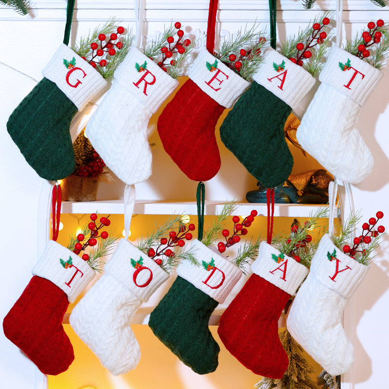 Knitted Stripe Christmas Stockings 26 Letters Embroidery Socks Decorations Gift Bag Xmas Tree Hanging Ornaments