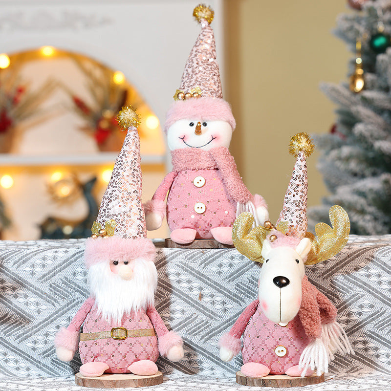 Pink Santa Clause Doll Ornaments Sitting Snowman Home Christmas Decorations Window Table Decor Xmas Gifts