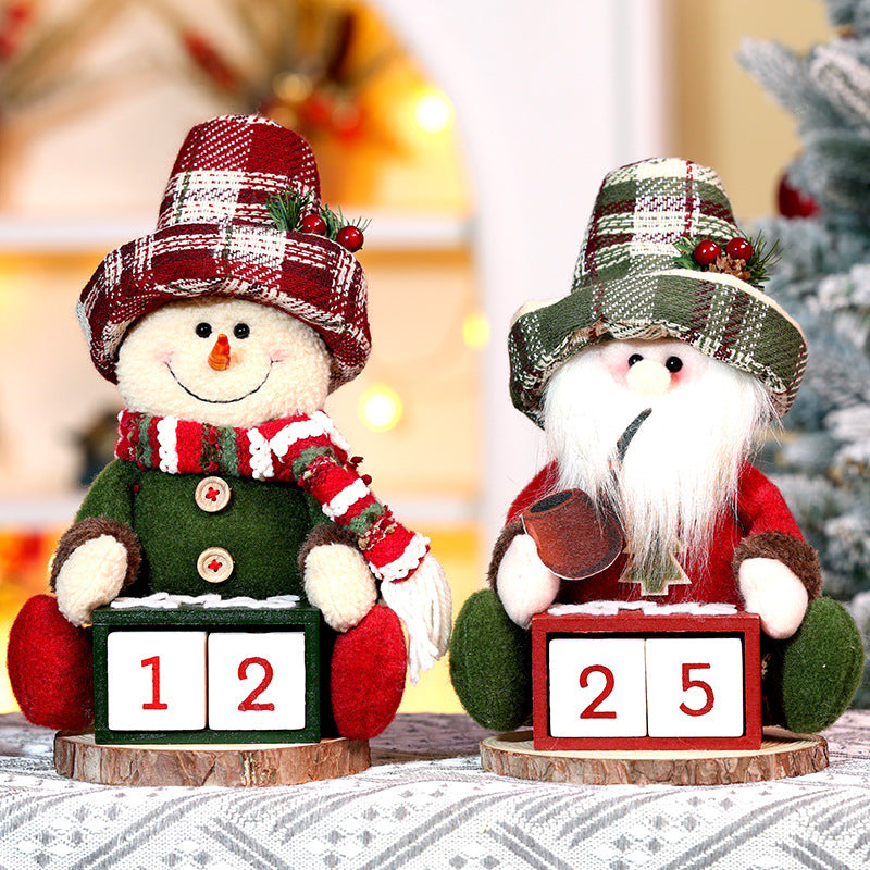 Christmas Countdown Calendar Decorations Retro Plaid Santa Snowman Doll Window Ornaments Xmas Gifts