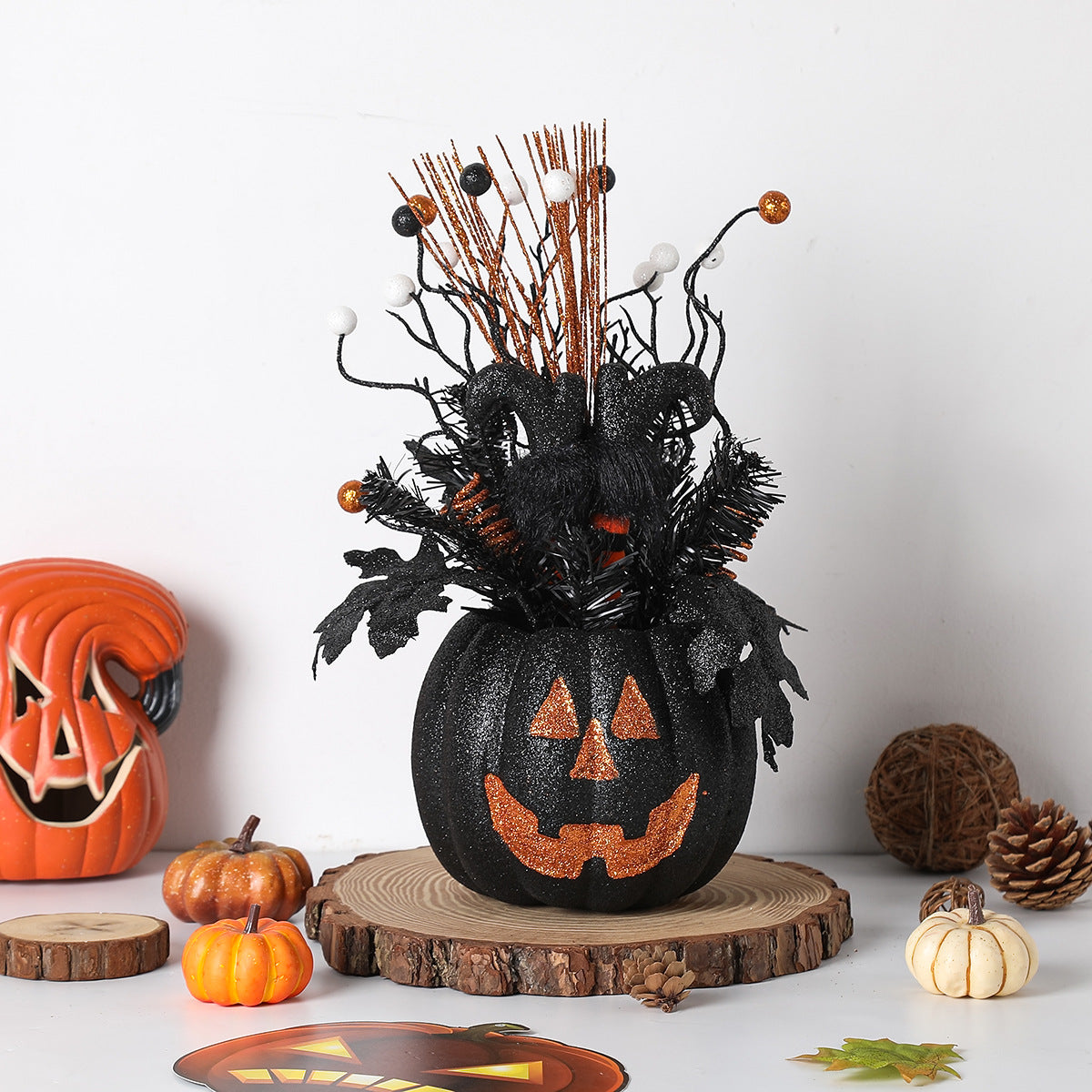 Halloween Decorations Black Pumpkin Flowerpot Ornaments Sacred Pumpkin Berries Branch Party Spooky Atmosphere Decoration Props