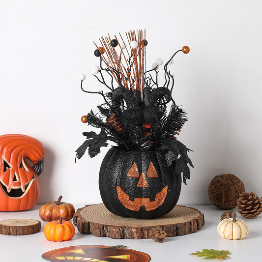 Halloween Decorations Black Pumpkin Flowerpot Ornaments Sacred Pumpkin Berries Branch Party Spooky Atmosphere Decoration Props