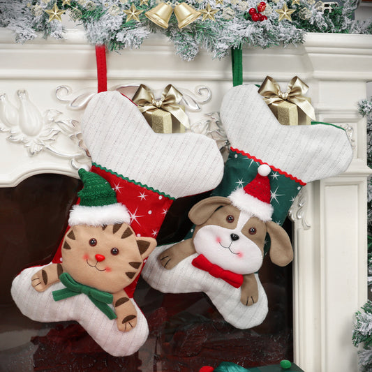 Christmas Stocking Decorations Cartoon Cat Dog Bone Socks Xmas Tree Hanging Ornament Gift Bag Fireplace Holiday Home Decor