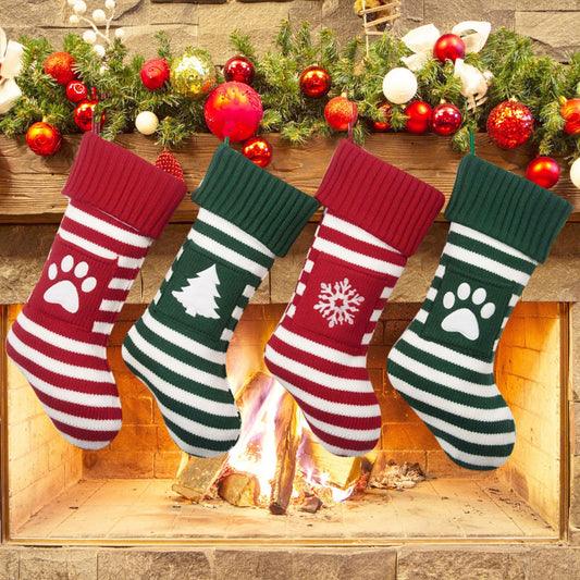 Knitted Stripe Christmas Stockings Decorations Cat and Dog Pet Socks Large Gift Bag Fireplace Xmas Tree Hanging Ornaments