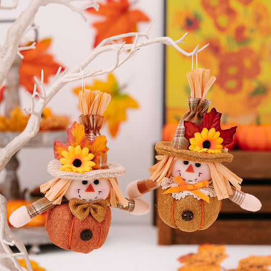 2PCS Cute Pumpkin Strawman Doll for Thanksgiving Decorations Sunflower Maple Hangings Tabletop Ornaments Fall Home Decor Harvest Festival Pendants Gifts