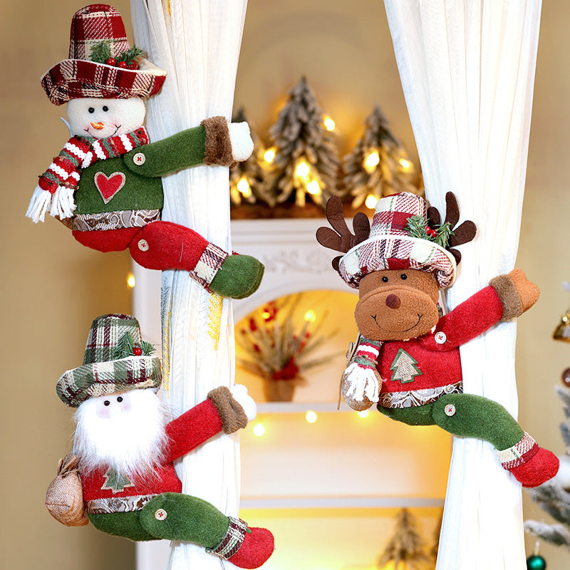 Christmas Retro Plaid Curtain Buckle Decorations Xmas Snowman Doll Curtain Tieback Festival Home Decor