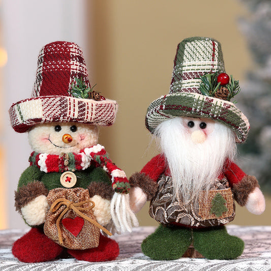 2PCS Christmas Decorations Plaid Snowman Santa Doll Pendant Xmas Tree Hanging Ornaments Holiday Home Decor