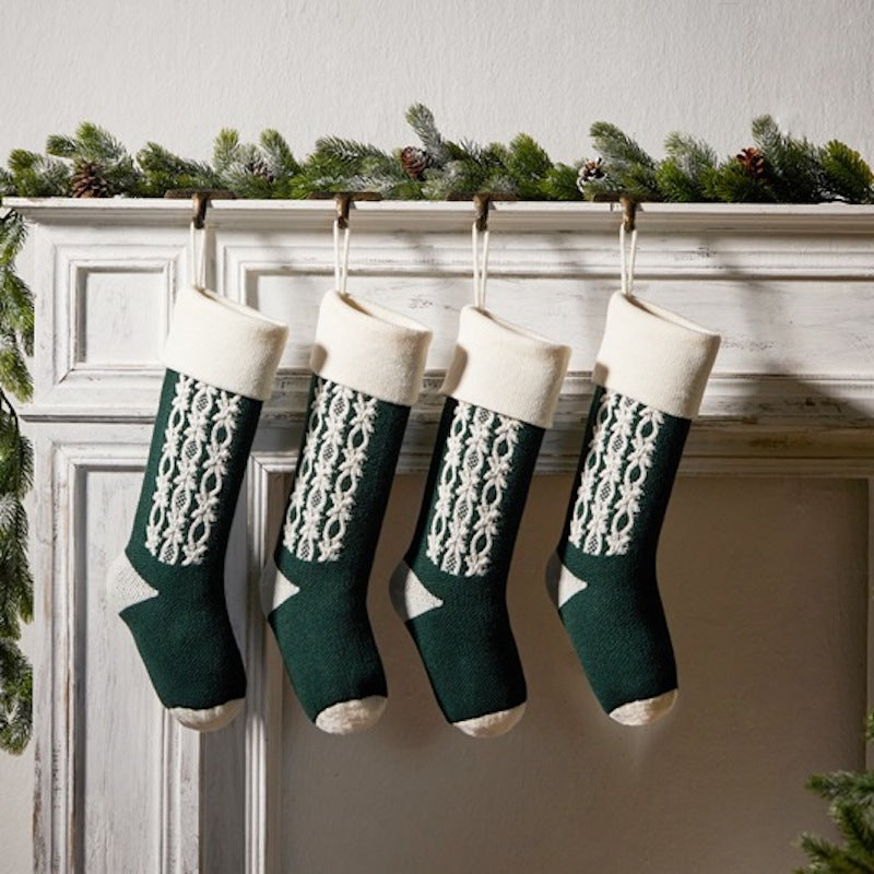 Retro Applique Christmas Stocking Knitted Gift Bag Xmas Tree Pendant Fireplace Hanging Ornament Candy Bag Holiday Home Decor