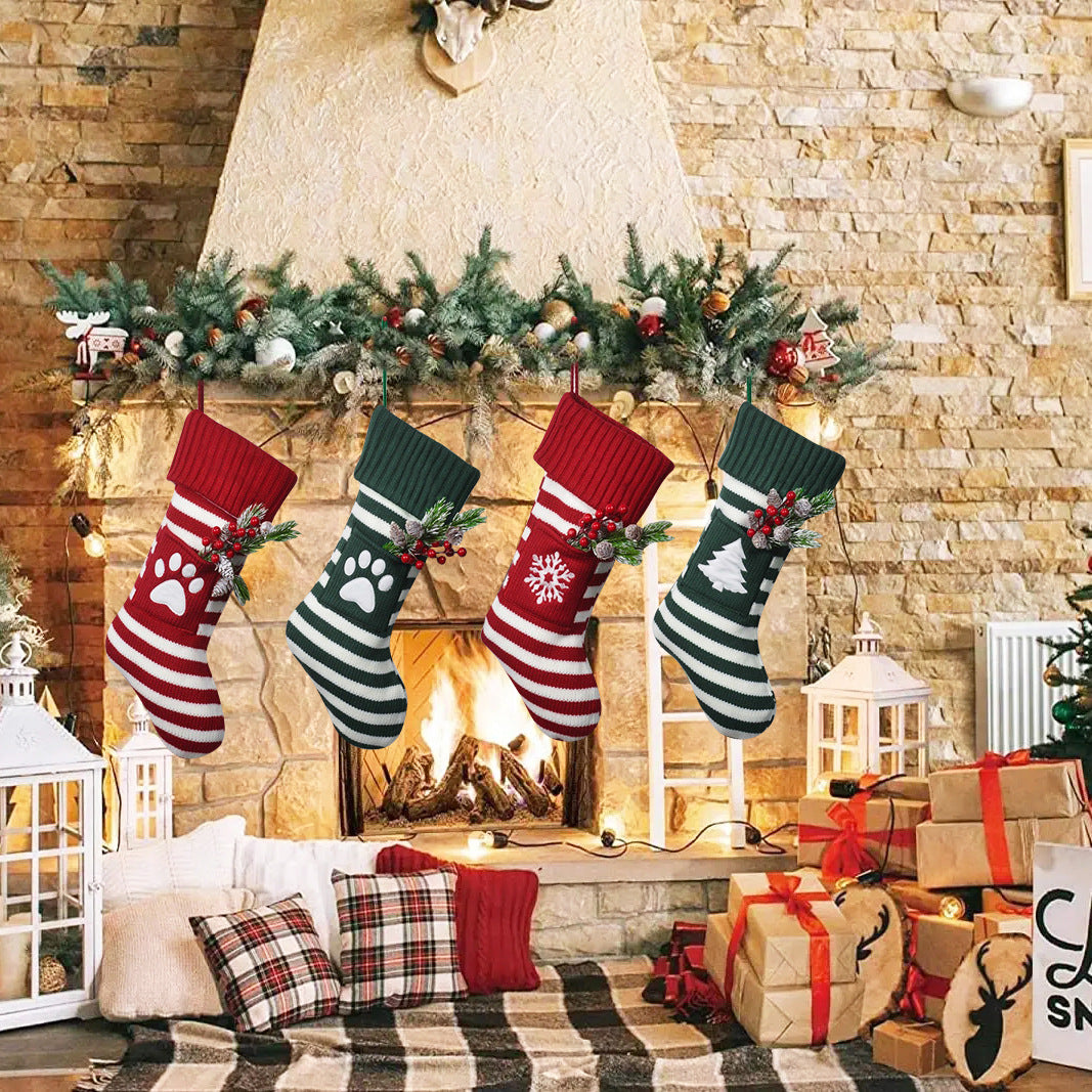 Knitted Stripe Christmas Stockings Decorations Cat and Dog Pet Socks Large Gift Bag Fireplace Xmas Tree Hanging Ornaments