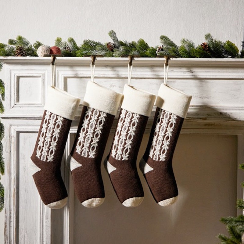 Retro Applique Christmas Stocking Knitted Gift Bag Xmas Tree Pendant Fireplace Hanging Ornament Candy Bag Holiday Home Decor