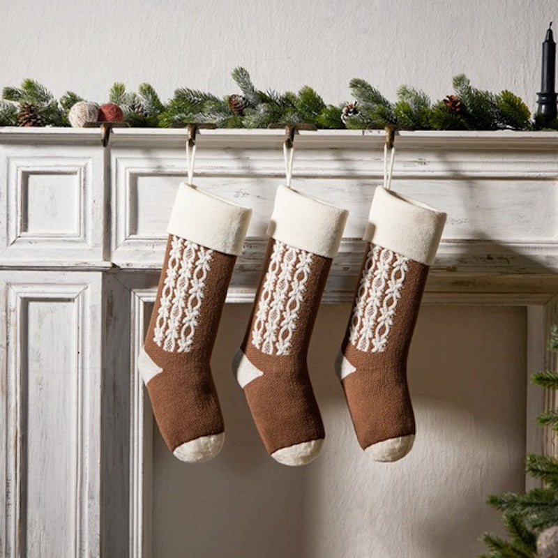 Retro Applique Christmas Stocking Knitted Gift Bag Xmas Tree Pendant Fireplace Hanging Ornament Candy Bag Holiday Home Decor