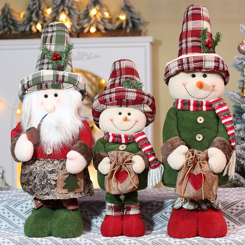 Christmas Telescope Doll Ornaments Retro Plaid Santa Decorations Snowman Deer Window Display Xmas Home Decor