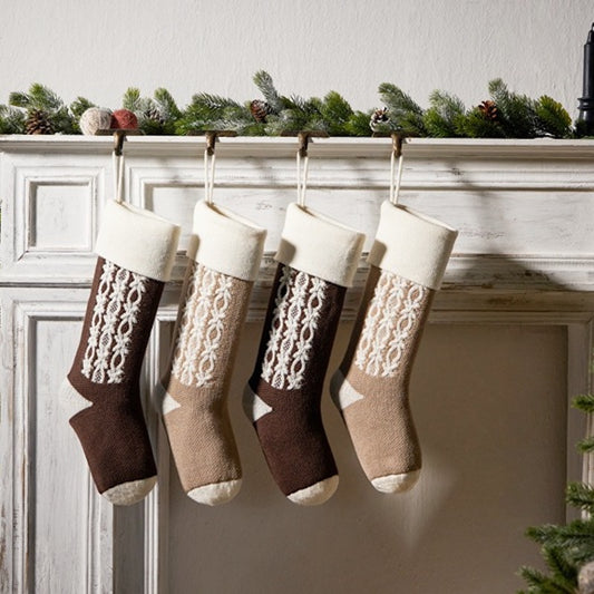 Retro Applique Christmas Stocking Knitted Gift Bag Xmas Tree Pendant Fireplace Hanging Ornament Candy Bag Holiday Home Decor