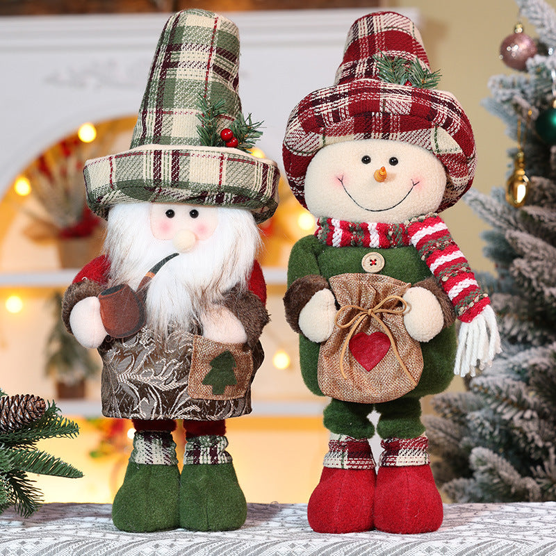 Christmas Telescope Doll Ornaments Retro Plaid Santa Decorations Snowman Deer Window Display Xmas Home Decor