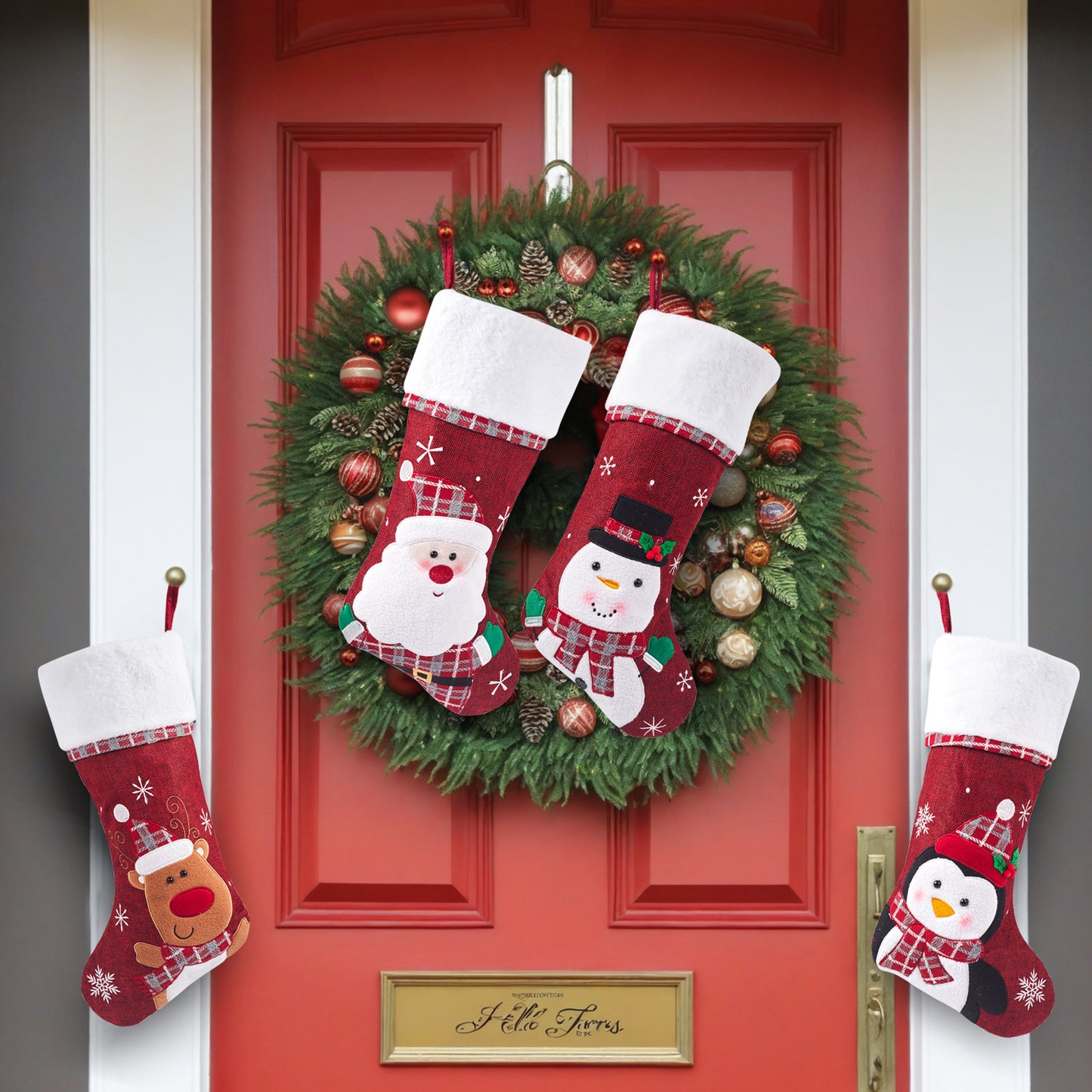 Embroider Christmas Stocking Xmas Tree Fireplace Hanging Ornaments Large Gift Bag Wreath Door Decorations