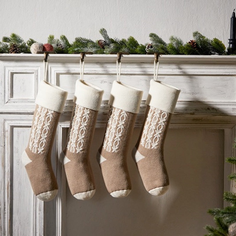 Retro Applique Christmas Stocking Knitted Gift Bag Xmas Tree Pendant Fireplace Hanging Ornament Candy Bag Holiday Home Decor
