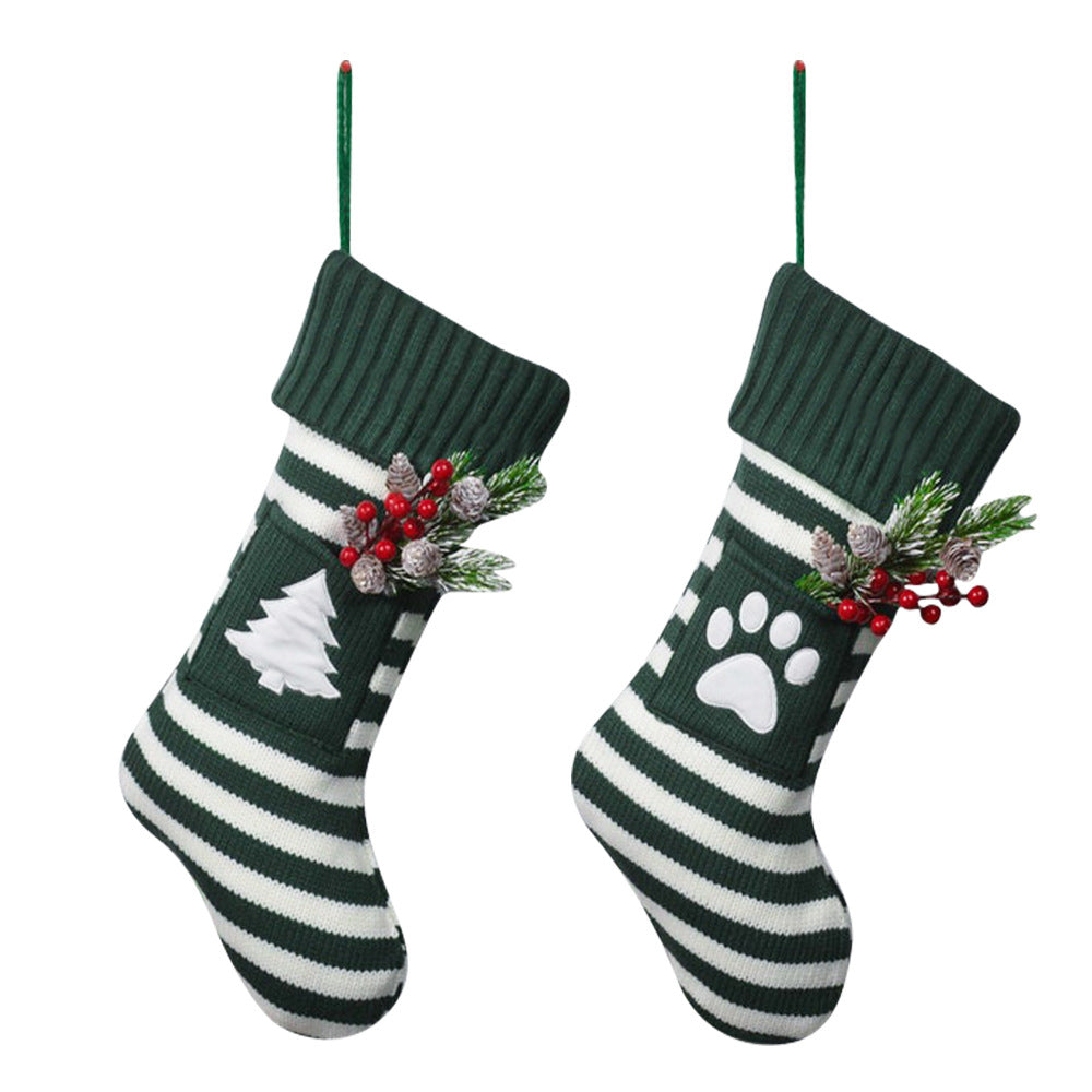 Knitted Stripe Christmas Stockings Decorations Cat and Dog Pet Socks Large Gift Bag Fireplace Xmas Tree Hanging Ornaments