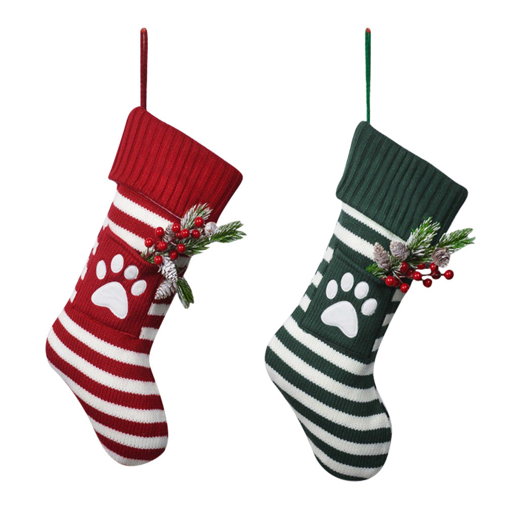 Knitted Stripe Christmas Stockings Decorations Cat and Dog Pet Socks Large Gift Bag Fireplace Xmas Tree Hanging Ornaments
