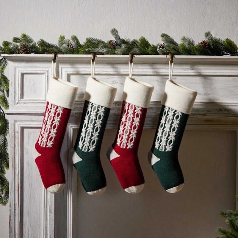 Retro Applique Christmas Stocking Knitted Gift Bag Xmas Tree Pendant Fireplace Hanging Ornament Candy Bag Holiday Home Decor