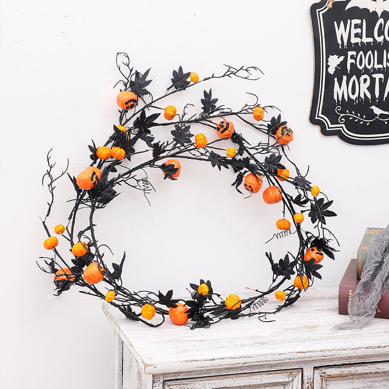 Halloween Decorations 1.8m 5.9ft Black Maple Rattan Pumpkin Garland Home Party Hanging Door Ornaments Holiday Party Decoration