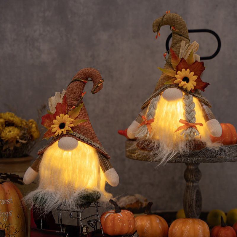 LED Maple Gnome Ornaments Thanksgiving Decorations Dwarf Doll for Harvest Festival Gifts Fall Home Decor Tabletop Candy Tray Decoration