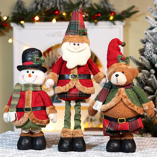 Christmas Retro Plaid Plush Doll Knitted Telescope Santa Snowman Ornaments Holiday Gift Window Home Decor