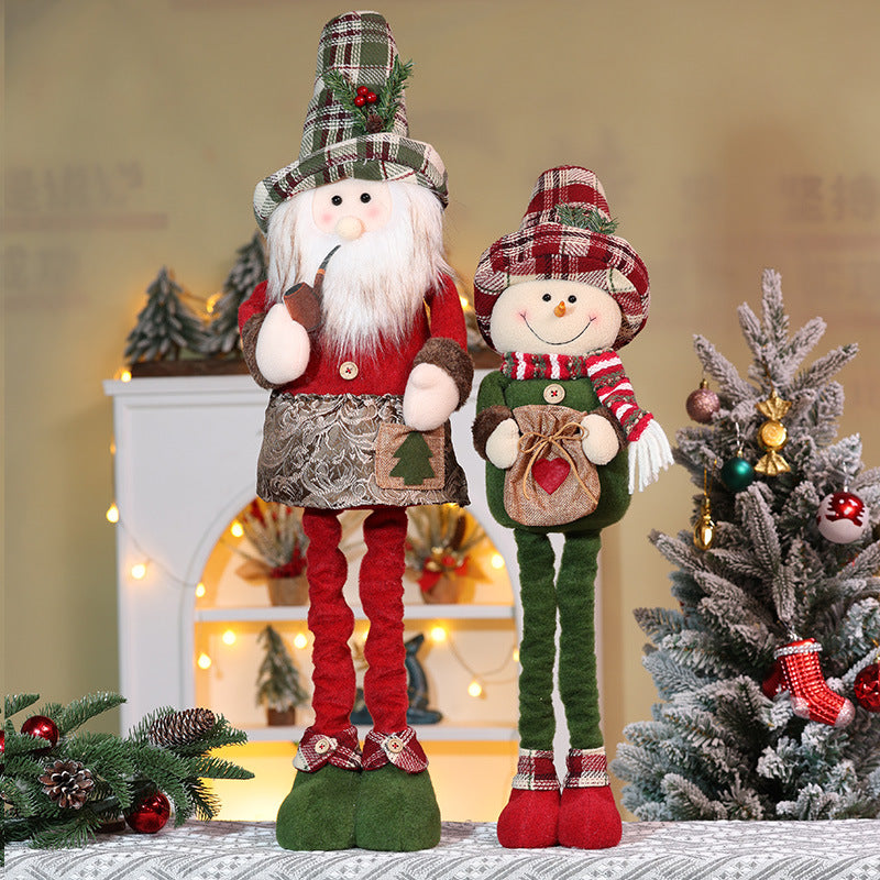 Christmas Telescope Doll Ornaments Retro Plaid Santa Decorations Snowman Deer Window Display Xmas Home Decor
