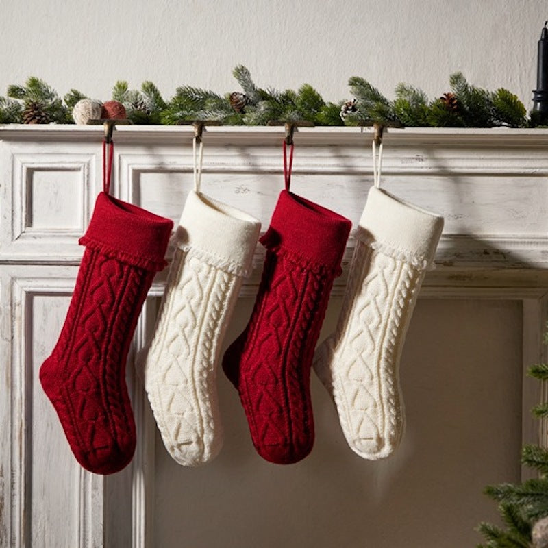 Heart Tassel Christmas Stocking Knitted Socks Large Gift Bag Xmas Party Decorations Hanging Ornament Candy Bag 18"