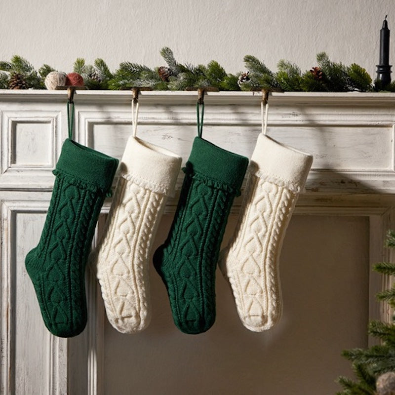 Heart Tassel Christmas Stocking Knitted Socks Large Gift Bag Xmas Party Decorations Hanging Ornament Candy Bag 18"