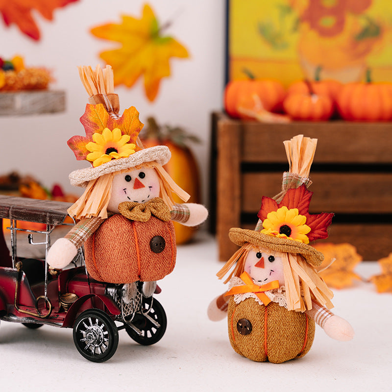 2PCS Cute Pumpkin Strawman Doll for Thanksgiving Decorations Sunflower Maple Hangings Tabletop Ornaments Fall Home Decor Harvest Festival Pendants Gifts