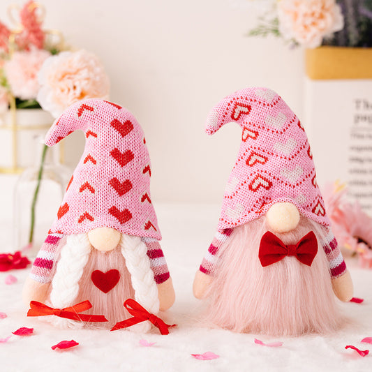 Valentine's Day Decorations Pink Knitted Heart Gnome Ornament Plush Couple Doll Gifts
