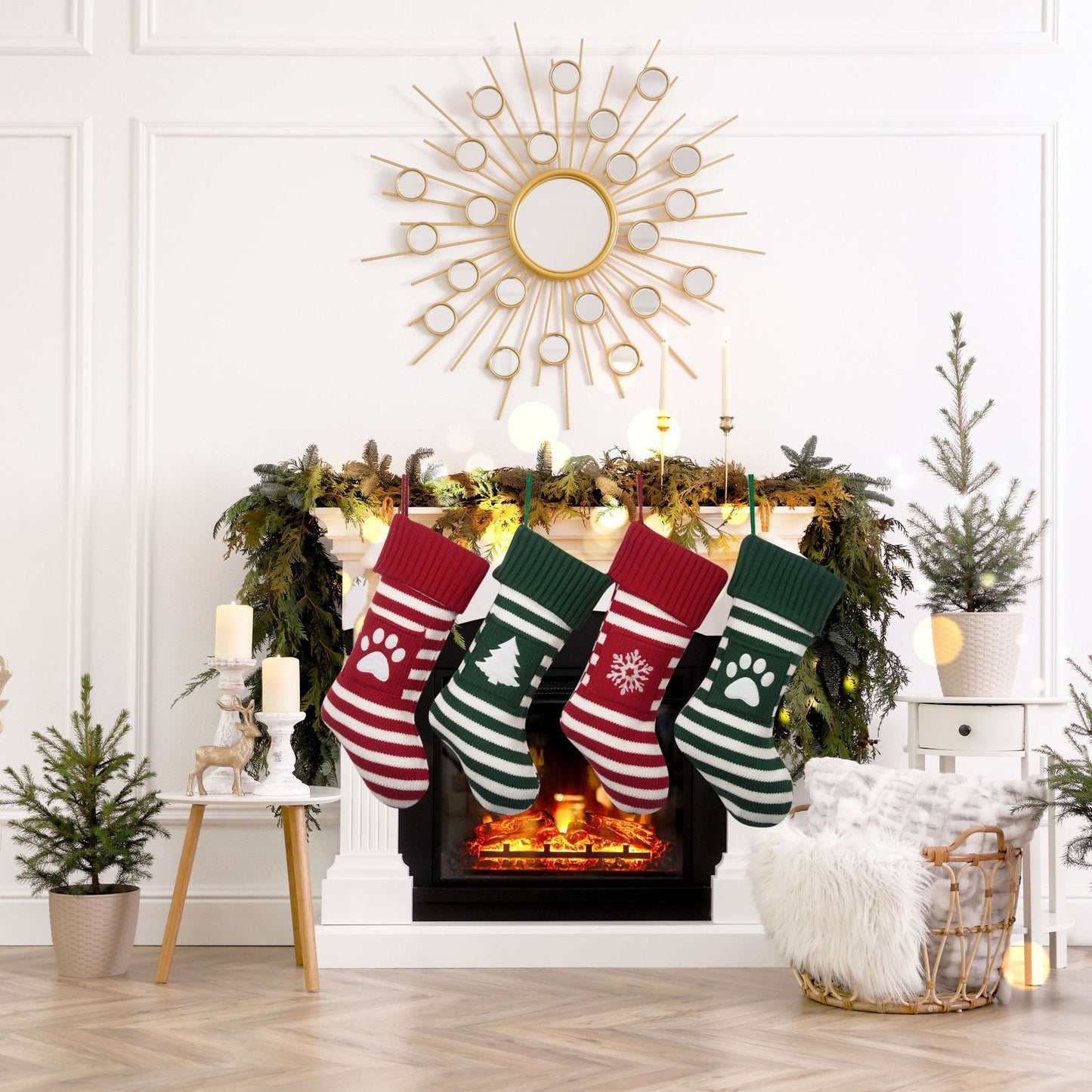 Knitted Stripe Christmas Stockings Decorations Cat and Dog Pet Socks Large Gift Bag Fireplace Xmas Tree Hanging Ornaments