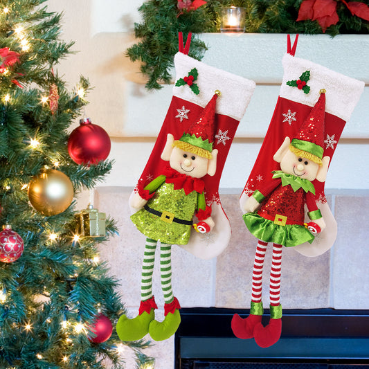 Cute Elf Christmas Stocking Longleg Doll Candy Gift Bag Xmas Tree Hanging Ornaments Fireplace Decorations