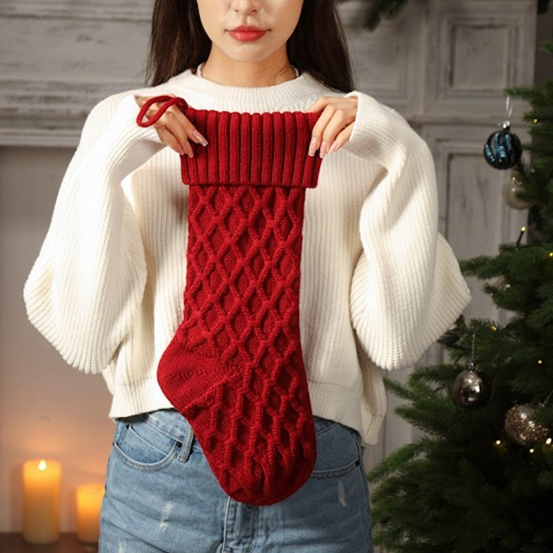 Large Knitted Diamond Christmas Stocking Candy Bag Decorations Gift Bag Xmas Tree Fireplace Hanging Ornament 18"