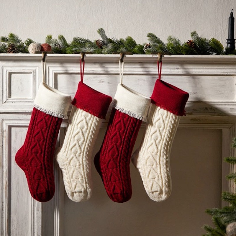 Heart Tassel Christmas Stocking Knitted Socks Large Gift Bag Xmas Party Decorations Hanging Ornament Candy Bag 18"