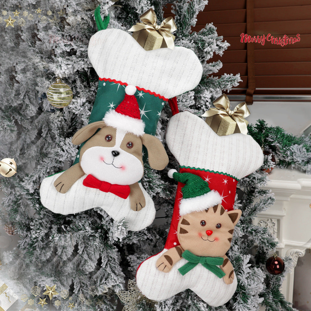 Christmas Stocking Decorations Cartoon Cat Dog Bone Socks Xmas Tree Hanging Ornament Gift Bag Fireplace Holiday Home Decor
