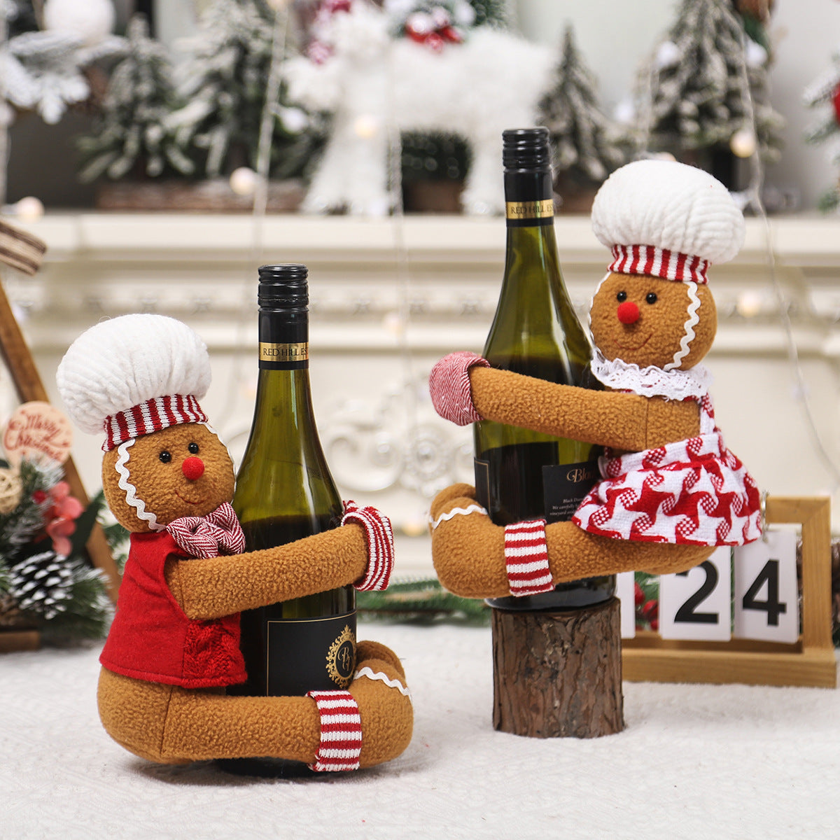 Christmas Decorations Cartoon Couple Gingerbread Man Wine Bottle Cover Hug Gingerman Doll Ornament Curtain Buckle Xmas Room Decor