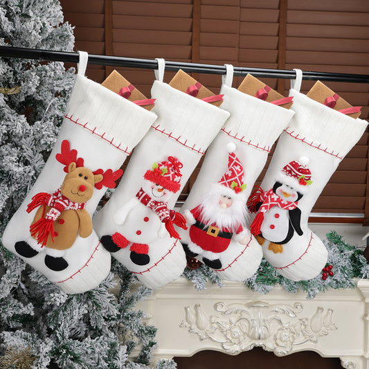 White Christmas Stocking 3D Cartoon Santa Decorative Large Gift Candy Bag Xmas Tree Fireplace Hanging Decorations Holidays Home Decor
