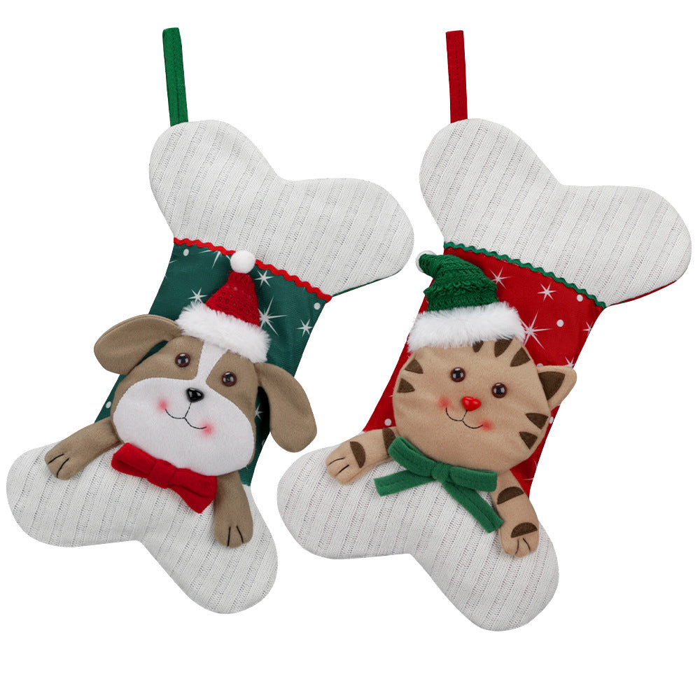 Christmas Stocking Decorations Cartoon Cat Dog Bone Socks Xmas Tree Hanging Ornament Gift Bag Fireplace Holiday Home Decor
