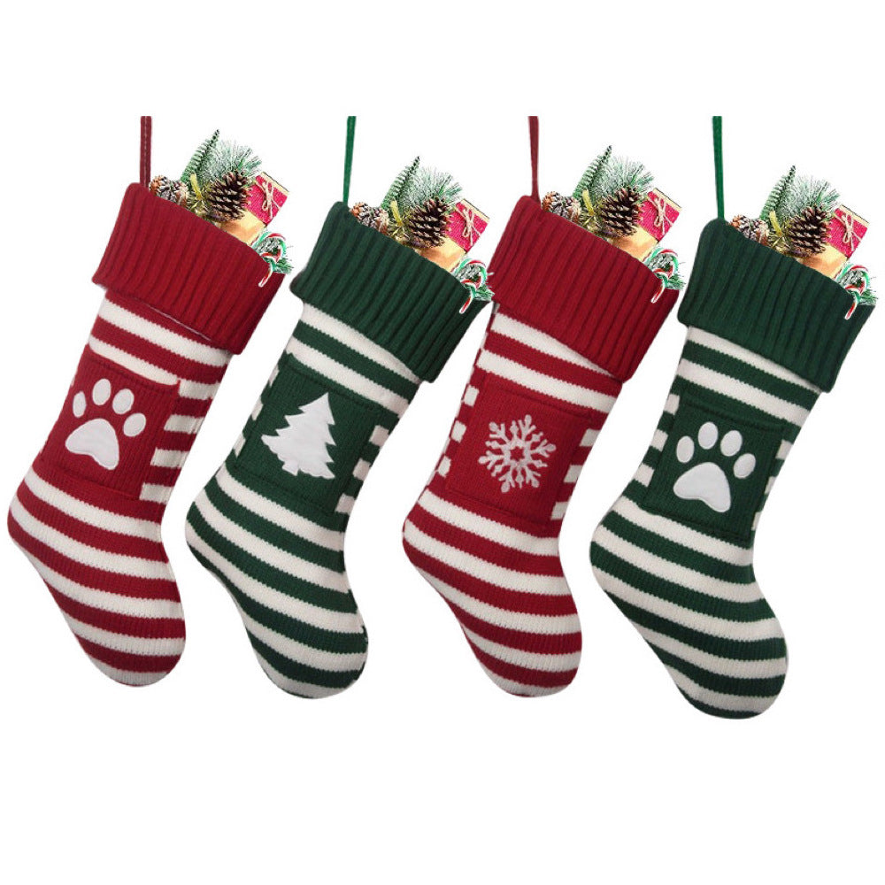 Knitted Stripe Christmas Stockings Decorations Cat and Dog Pet Socks Large Gift Bag Fireplace Xmas Tree Hanging Ornaments