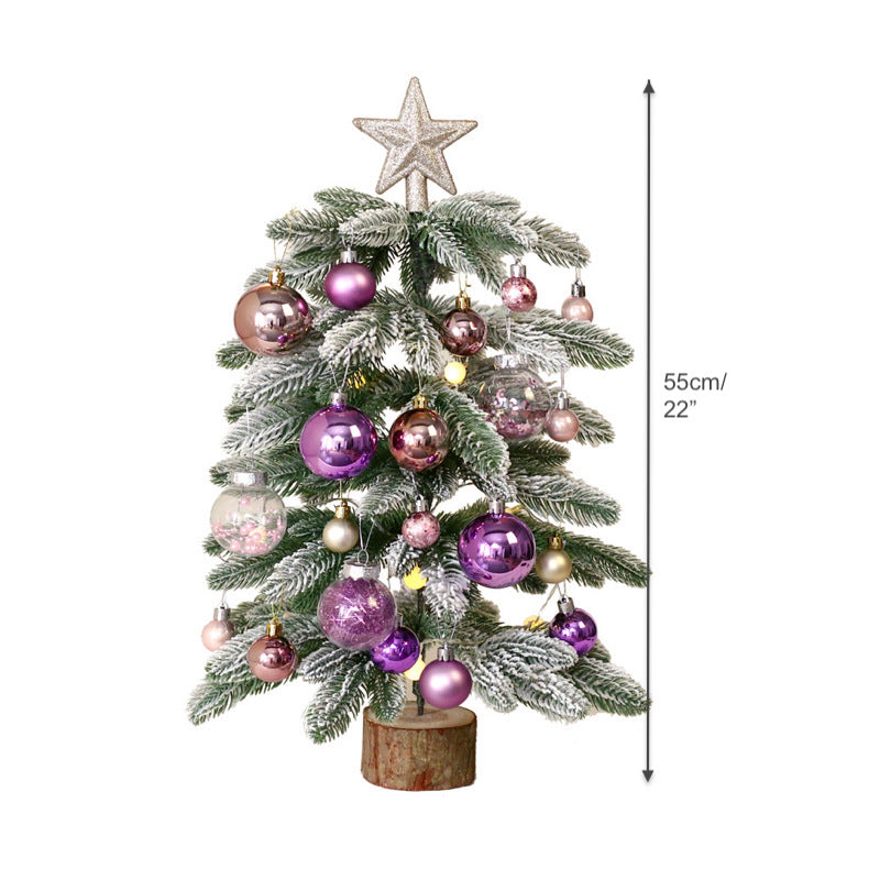 A miniature LED Christmas Tree Decoration Featuring White Flocking Cedar Tree with Purple Ornaments, and a Set of Holiday Tabletop Ornaments