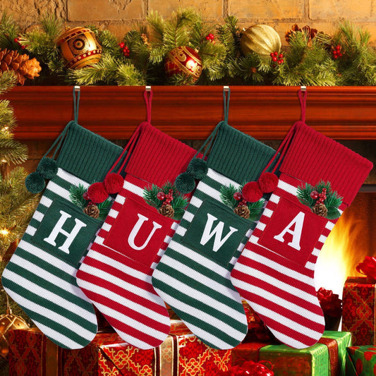 26 Letters Christmas Stockings Knitted Stripe Gift Bag Xmas Decorations Large Candy Bag Hanging Ornaments