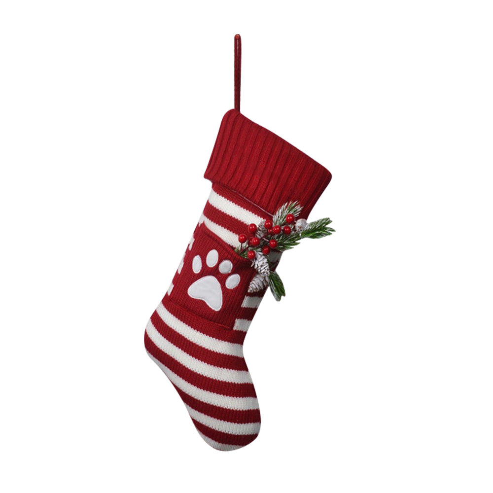 Knitted Stripe Christmas Stockings Decorations Cat and Dog Pet Socks Large Gift Bag Fireplace Xmas Tree Hanging Ornaments
