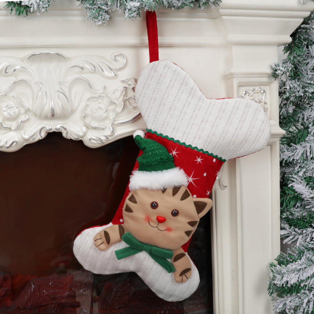 Christmas Stocking Decorations Cartoon Cat Dog Bone Socks Xmas Tree Hanging Ornament Gift Bag Fireplace Holiday Home Decor
